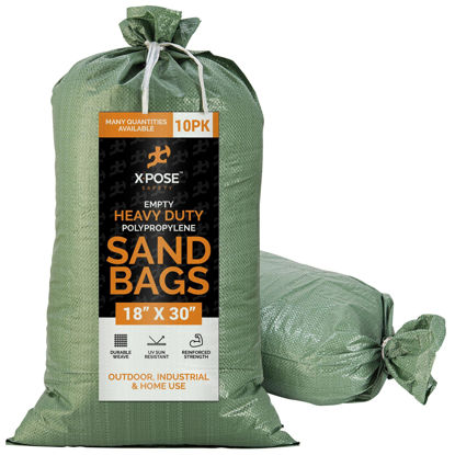 Picture of Empty Sand Bags, with Ties - Green 14" x 26" Heavy Duty Woven Polypropylene, UV Sun Protection, Dust, Water and Oil Resistant - Home and Industrial - Floods, Photography and More Bundle of 10