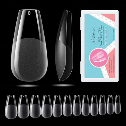 Picture of Gelike EC Soft Gel Nail Tips Kit for Soak Off Nail Extensions, Full Cover, Coffin Shaped, Pre-buff PMMA Resin, Clear Ultra-Thin Design, 11 Sizes, 550 Pieces, Medium Coffin False Press on Nail