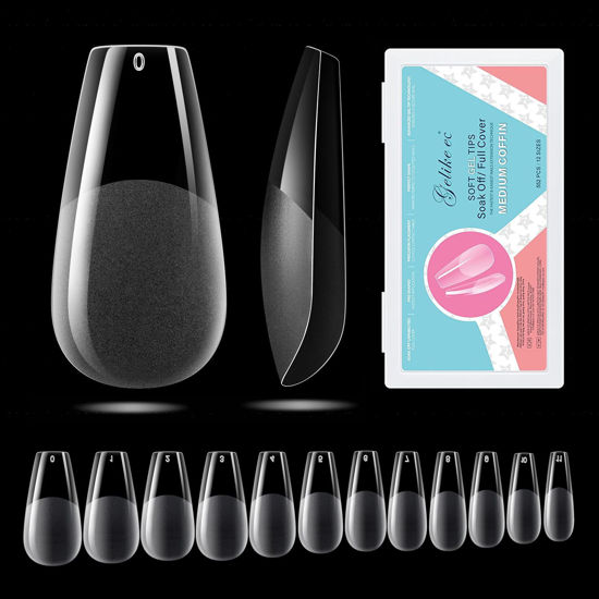 Picture of Gelike EC Soft Gel Nail Tips Kit for Soak Off Nail Extensions, Full Cover, Coffin Shaped, Pre-buff PMMA Resin, Clear Ultra-Thin Design, 11 Sizes, 550 Pieces, Medium Coffin False Press on Nail