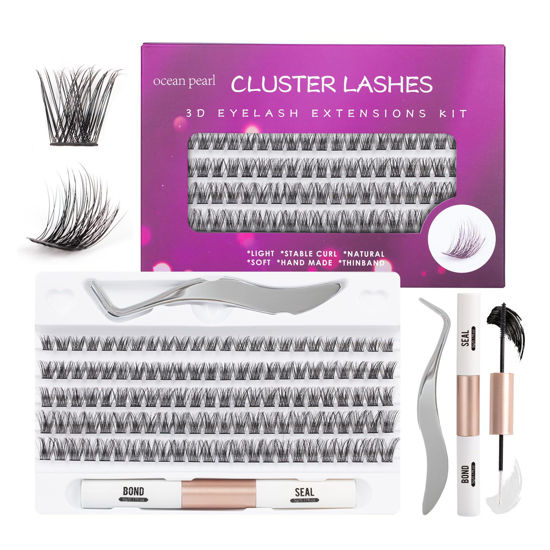 Picture of Individual Lashes 120 Cluster Lashes DIY Eyelash Extension Thin Band Wide Stem Lash Clusters with Applicator and Lash Bond and Seal Lash Extension Kit Mix 10-16mm Length C/D Curl - OP17