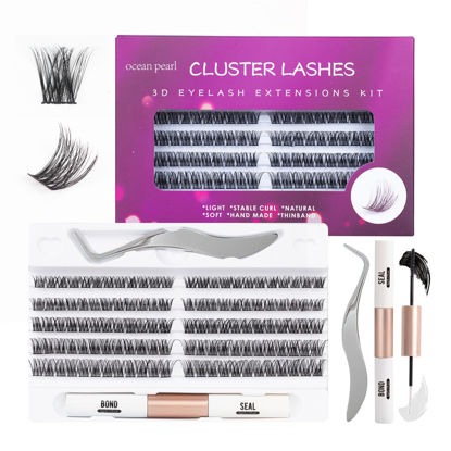 Picture of Individual Lashes 120 Cluster Lashes DIY Eyelash Extension Thin Band Wide Stem Lash Clusters with Applicator and Lash Bond and Seal Lash Extension Kit Mix 10-16mm Length C/D Curl - OP01