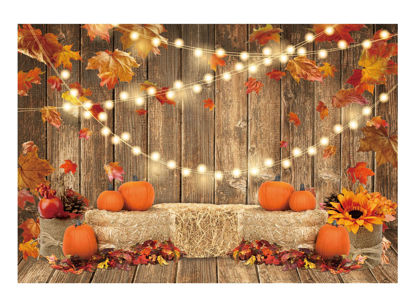 Picture of Funnytree 7x5FT Fall Pumpkin Photography Backdrop Autumn Thanksgiving Harvest Hay Leaves Wooden Background Sunflower Maple Baby Shower Banner Decoration Party Supplies Photo Booth Prop