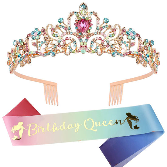 Picture of "Birthday Queen" Sash & Crystal Tiara Kit COCIDE Birthday Silver Tiara and Crowns for Women Birthday Sash for Girls Birthday Decorations Set Rhinestone Headband Hair Accessories Glitter Sash for Party (9 Colorful)