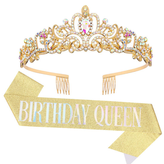 Picture of "Birthday Queen" Sash & Crystal Tiara Kit COCIDE Birthday Silver Tiara and Crowns for Women Birthday Sash for Girls Birthday Decorations Set Rhinestone Headband Hair Accessories Glitter Sash for Party (9 Gold Sash)