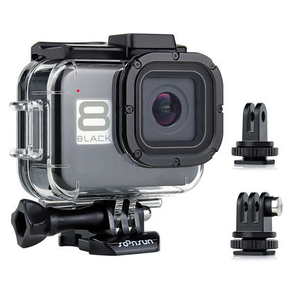 Picture of SOONSUN Waterproof Housing Case for GoPro Hero 8 Black, Built-in Dual Cold Shoe Slots and Includes 2 Clod Shoe Mount Adapters, 196 Ft Underwater Protective Diving Housing Case for GoPro Hero8 Black
