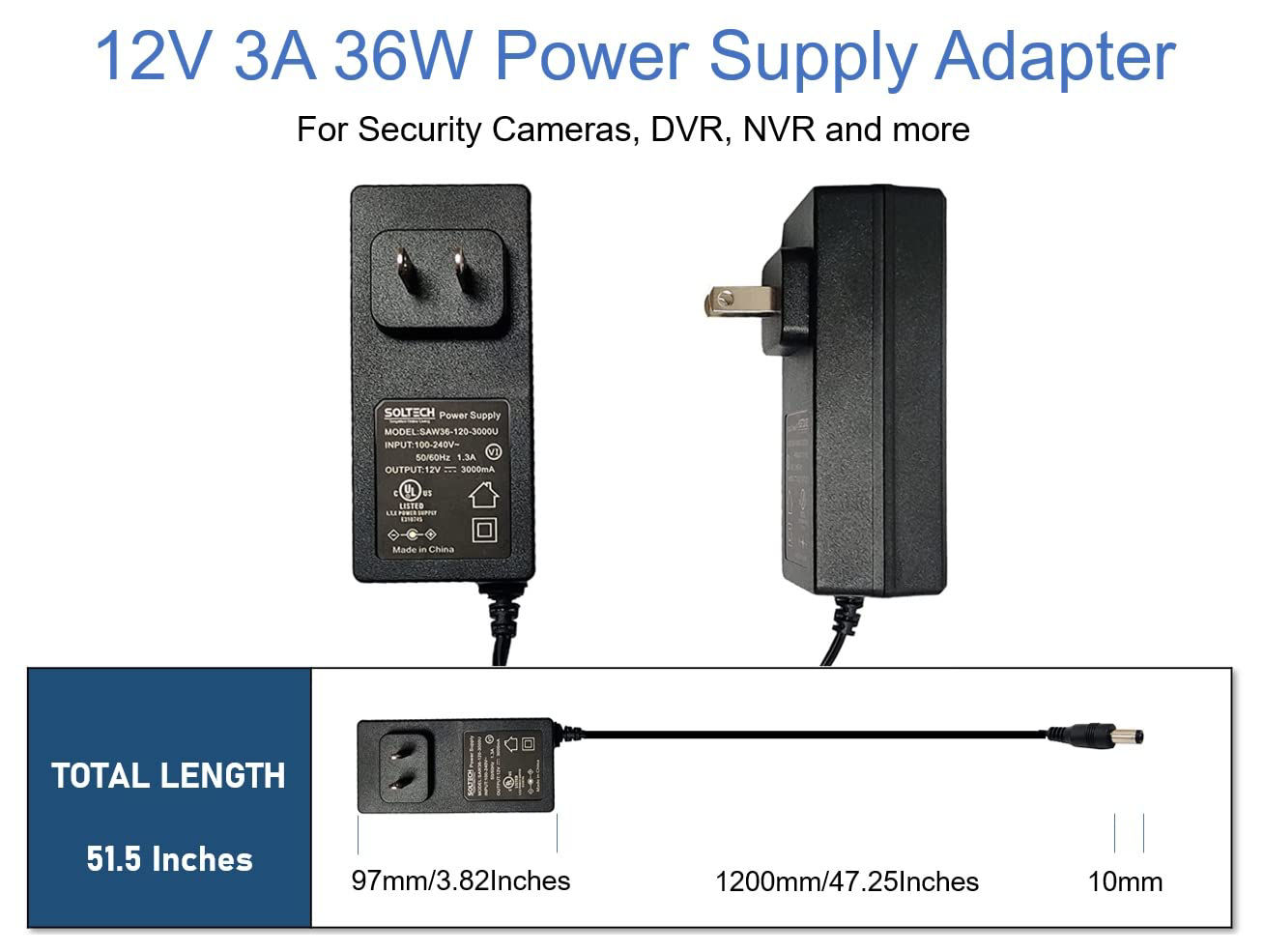 GetUSCart SOLTECH 12V 3A Security Camera Power Supply Adapter for Samsung Night Owl