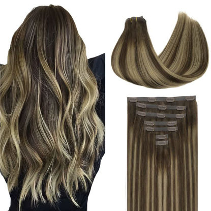 Picture of GOO GOO Seamless Clip in Hair Extensions with Invisible PU Skin Weft, 100% Real Human Hair, 110g 7pcs Natural Silky Straight Hair Extensions, Long Hair for Women,Chocolate Brown to Honey Blonde#4/26/4 22inch