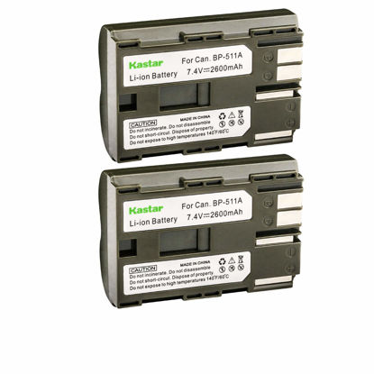 Picture of Kastar Battery (2-Pack) for Canon BP-511, BP-511A work with Canon EOS 5D, 10D, 20D, 20Da, 30D, 40D, 50D, 300D, D30, D60, Rebel, PowerShot G1, G2, G3, G3X, G5, G6, Pro 1, Pro 90, Pro 90 IS, FV10, FV100, FV2, FV20, FV200, FV30, FV300, FV40, FV400, FV5