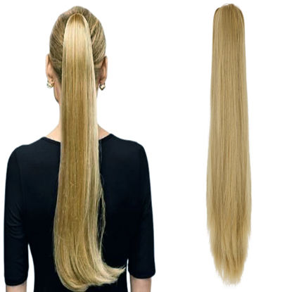 Picture of Felendy Ponytail Extension Claw 18" 20" Curly Wavy Straight Clip in Hairpiece One Piece A Jaw Long Pony Tails for Women (Ash Blonde,Straight)