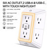 Picture of Multi Plug Outlet Surge Protector - POWRUI 6 Outlet Extender with 3 USB Ports (1 USB C) and Night Light, 3-Sided Power Strip with Adapter Spaced Outlets - White，ETL Listed