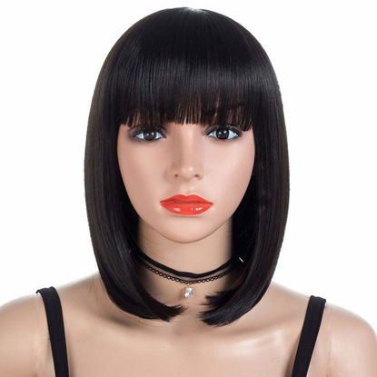 Picture of Morvally Short Straight Bob Wig Heat Resistant Hair with Blunt Bangs Natural Looking Cosplay Costume Daily Wigs (12", Natural Black)