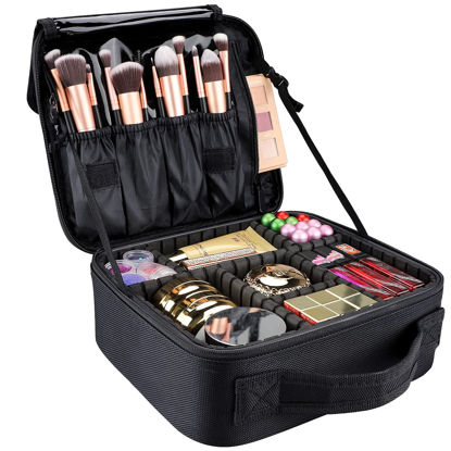 Picture of gzcz Travel Makeup Bag 10.4 Inches Makeup Train Case Portable Artist cosmetic bag with Adjustable Dividers for Cosmetics Makeup Brushes Toiletry Jewelry Digital Accessories Black