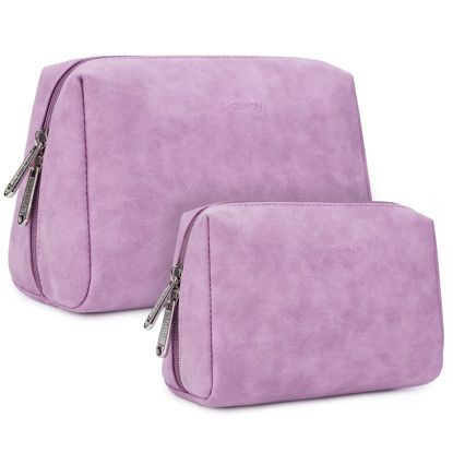Picture of 2 Pack Vegan Leather Makeup Bag Zipper Pouch Travel Cosmetic Organizer for Women (Large (Pack of 2), Purple)