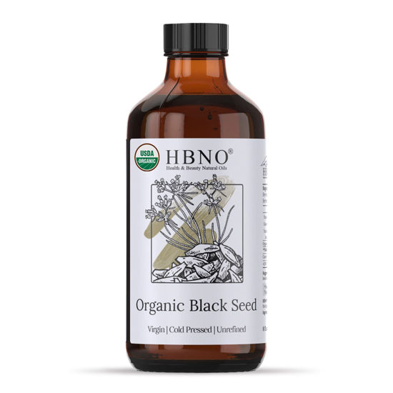 Picture of HBNO Organic Black Seed Oil - Huge 8 oz (240ml) Value Size - USDA Certified Organic Black Seed Oil, Cold Pressed for Face, Body, Lips, Shampoo & Conditioner