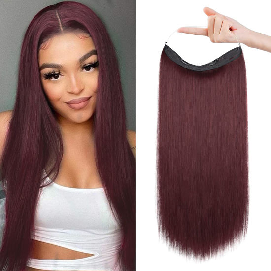 Picture of REECHO Invisible Wire Hair Extensions with Transparent Headband Adjustable Size Removable Secure Clips in Straight Secret Hairpiece for Women (24 Inch (Pack of 1), Wine Red)
