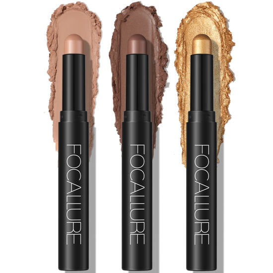 Picture of FOCALLURE 3PCS Cream Matte and Shimmer Eye Brightener Stick,Light to Dark Orange Eyeshadow Pencil,Long Lasting Waterproof Eye Shadow Highlighter Stick Makeup,Gold Rush