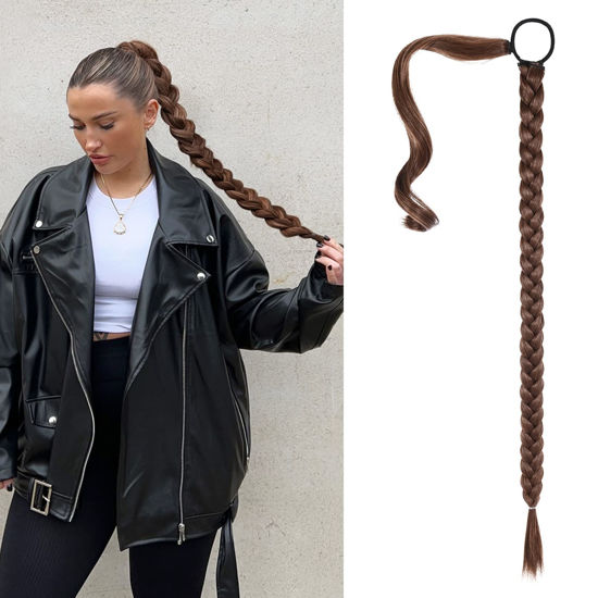 Picture of SEIKEA Upgraded Long Braid Ponytail Extension with Elastic Tie Straight Sleek Wrap Around Braid Hair Extensions Ponytail Medium Brown with Medium Auburn 34 Inch (After Braided 30 Inch)