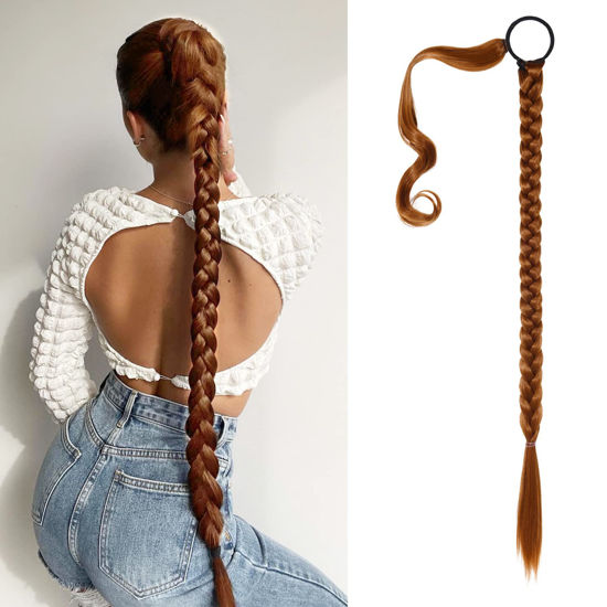 GetUSCart SEIKEA Upgraded Long Braid Ponytail Extension with Elastic Tie Straight Sleek Wrap Around Braid Hair Extensions Ponytail Copper Red 34 Inch After Braided 30 Inch