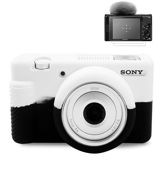 Picture of Pocoukate Case for Sony ZV-1F, ZV-1 II/ZV-1M2 Vlog Camera, ZV1F Camera Silicone Cover Skin, Anti-Scratch Slim Fit Soft Sleeve with ZV1 F Screen Protector- Black & White