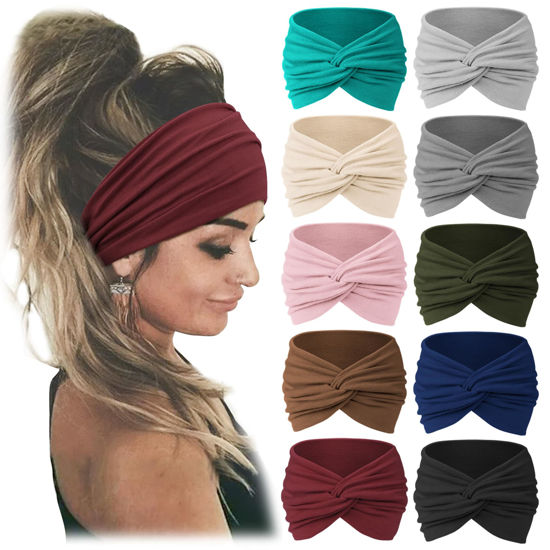 Picture of Jesries 10 Pack Women Headbands African Wide Hair Wrap Extra Turban Head Bands for Lady Large Sport Workout Stretch Non-slip Big Hair Bands