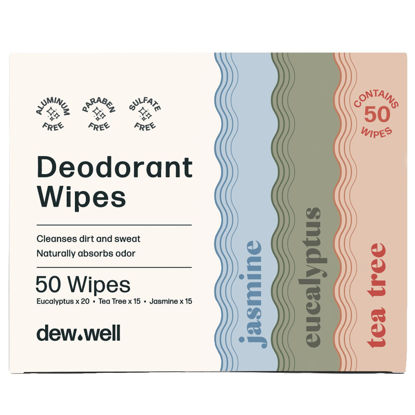 Picture of Dew Well - Refresh Deodorant Wipes - A Fresh Start When You’re On the Go - Aluminum, Paraben, and Sulfate Free - Variety Pack (Tea Tree, Eucalyptus, Jasmine) - 50 Individually Wrapped Wipes