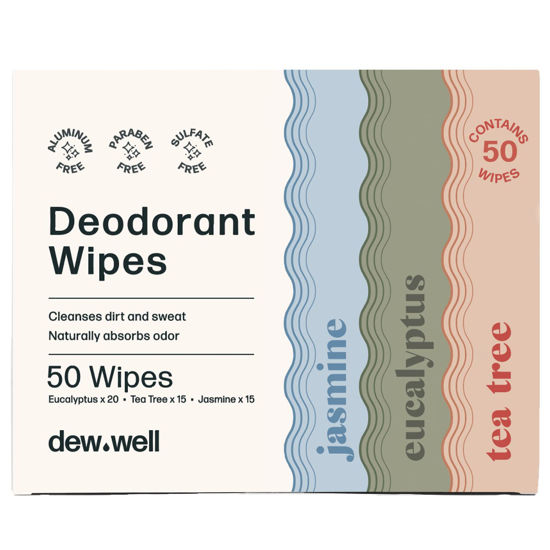 Picture of Dew Well - Refresh Deodorant Wipes - A Fresh Start When You’re On the Go - Aluminum, Paraben, and Sulfate Free - Variety Pack (Tea Tree, Eucalyptus, Jasmine) - 50 Individually Wrapped Wipes