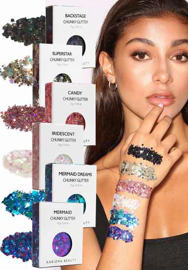 Picture of KARIZMA Kiss My Bass! 6X 10g Chunky Face Glitter, Hair Glitter, Eye Glitter and Body Glitter for Women and Men. Rave Glitter, Festival Accessories and Cosmetic Glitter Makeup. Loose Glitter Pots