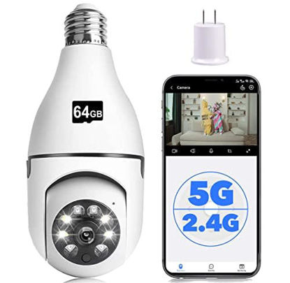 Picture of 1080P Light Bulb Camera, Wireless WiFi Home Security Camera 360° Surveillance Cam with Motion Detection Alarm Night Vision Light Socket Camera (1 Pack 5G&2.4G with 64G SD Card)