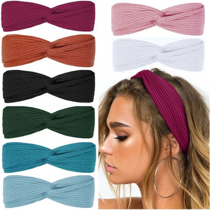 Picture of Huachi Headbands for Women Twist Knotted Boho Stretchy Hair Bands for Girls Criss Cross Turban Plain Headwrap Yoga Workout Vintage Hair Accessories, Solid Color, 8Pcs