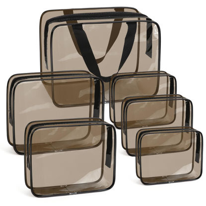 Picture of APREUTY Clear Makeup Bags, TSA Approved 6 Pcs Cosmetic Makeup Bags Set Clear PVC with Zipper Handle Portable Travel Luggage Pouch Airport Airline Vacation Organization (Black Brown)