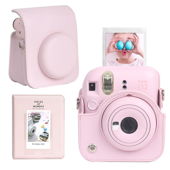 Picture of CAIYOULE Protective Camera Case for Instax Mini 12 Instant Camera Fuji Mini 12 Case PU Leather Carrying Bag with Adjustable Shoulder Strap & 64 Pockets Photo Album - Blossom Pink