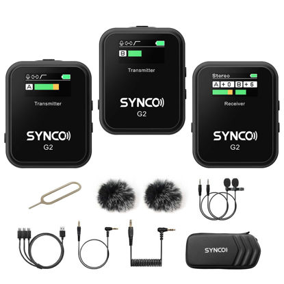Picture of SYNCO Wireless Lavalier Microphone G2(A2), 2.4G Lavalier Dual Transmitter Lapel Mic for Vlog Streaming YouTube for DSLR Camera Smartphone Tablet, Wireless-Lavalier-Microphone-Dual-Channel