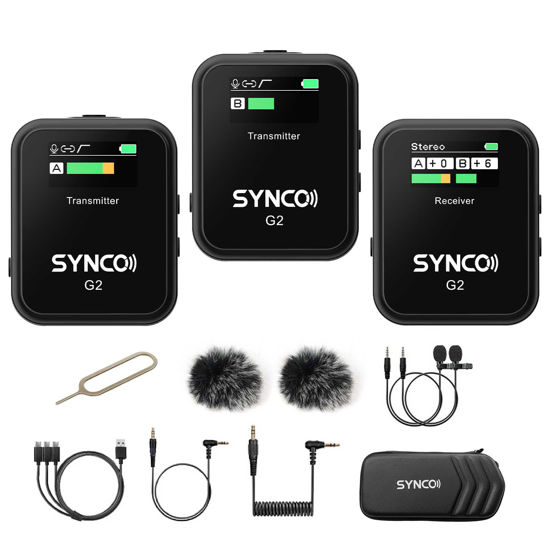 Picture of SYNCO Wireless Lavalier Microphone G2(A2), 2.4G Lavalier Dual Transmitter Lapel Mic for Vlog Streaming YouTube for DSLR Camera Smartphone Tablet, Wireless-Lavalier-Microphone-Dual-Channel