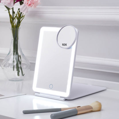 Picture of LED Foldable Travel Makeup Mirror - 5x7 inches 3 Colors Light Modes USB Rechargeable Touch Screen, Portable Tabletop Cosmetic Mirror for Travel, Cosmetic, Office (White)