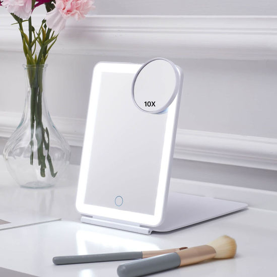 Picture of LED Foldable Travel Makeup Mirror - 5x7 inches 3 Colors Light Modes USB Rechargeable Touch Screen, Portable Tabletop Cosmetic Mirror for Travel, Cosmetic, Office (White)