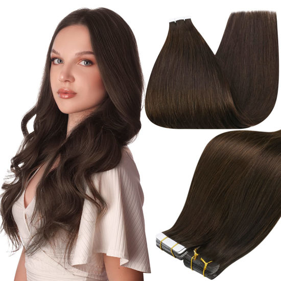 GetUSCart Full Shine 12 Inch Tape in Hair Extensions Short Seamless Remy Pu Glue on Hair 30G 20 Pcs Color 2 Darkest Brow Tape in Human Hair Brazilian Remy Pu Hair Silky