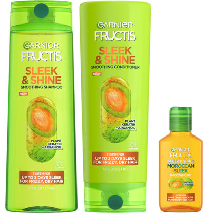 Picture of Garnier Fructis Sleek & Shine Shampoo, Conditioner + Moroccan Sleek Oil Set for Frizzy, Dry Hair, Argan Oil (3 Items), 1 Kit (Packaging May Vary)