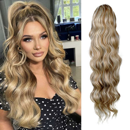 Picture of KETHBE Long Ponytail Extension Drawstring Ponytail Hair Extensions Wavy Pony Tail Synthetic Hairpiece for Women (6H22)