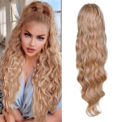 Picture of KETHBE 24 Inch Long Body Wave Ponytail hair Extension Synthetic Heat Resistant Wrap Around Drawstring Curly Wavy Ponytail Hairpieces for Women(30H613)