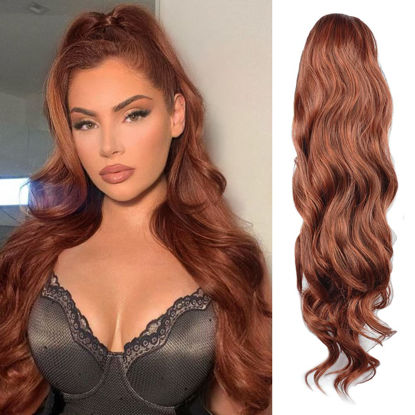 Picture of KETHBE 24 Inch Long Ponytail Extension Synthetic Heat Resistant Clip in Ponytail Hair Extensions Drawstring Ponytail for Black Women(32#)