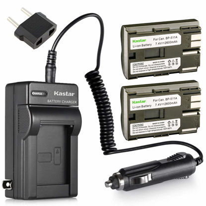 Picture of Kastar Battery 2-Pack + Charger Replacement for BP-511, BP-511A, BP511, BP511A, EOS 5D, 10D, 20D, 30D, 40D, 50D, Digital Rebel 1D, D60, 300D, D30, Kiss Powershot G5, Pro 1, G2, G3, G6, G1, Pro90 etc.