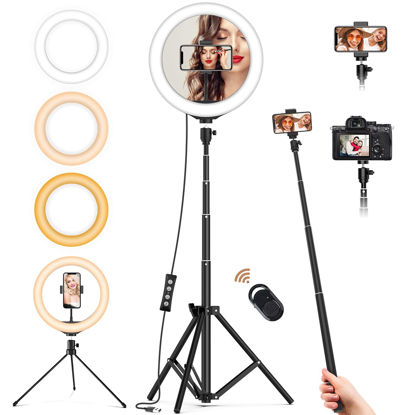 Picture of 10" Selfie Ring Light with Stand (11.8'' to 67'') and 2 Phone Holder, LED Ring Light for Makeup/Live Streaming/YouTube Video, Ring Light for Laptop with USB Compatible with iPhone and Android