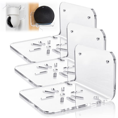 Picture of SIPRDE Acrylic Small Wall Shelf Set of 3 for Security Cameras, Speakers, Baby Monitors & More - 4'' Universal Adhesive Shelf Easy to Install No Drill, with Cable Clips (Clear)