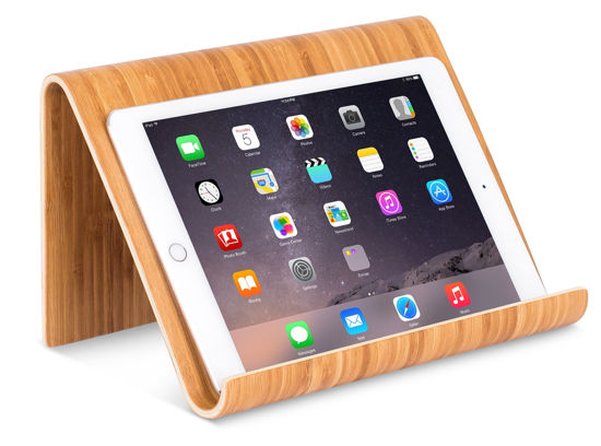 Picture of Sofia + Sam Bamboo Tablet Holder and Stand - Natural Wood - Works with iPad, Surface etc. - Cookbook Book E-Readers Smartphones - Kitchen Table Top - Wire Organizer