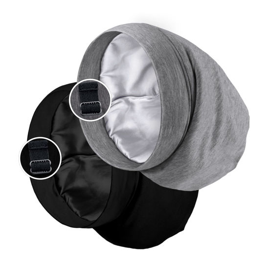 Picture of Satin Lined Sleep Cap Bonnet for Curly Hair and Braids, Stay On All Night Hair Wrap with Adjustable Strap for Women and Men, Black and Grey, Pack of 2