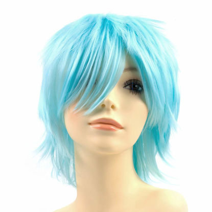 Picture of Modernfairy Anime Halloween Wig Aqua Blue for Cosplay Party, Synthetic Layered Short Hair Wigs with Bangs, Pastel Wigs for Women Men Kids
