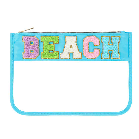 Picture of DYSHAYEN Glitter Letter Clear Zipper Pouch for Travel,Nylon Preppy Beach Bag,Makeup Travel Bag for Women (Blue-Beach)