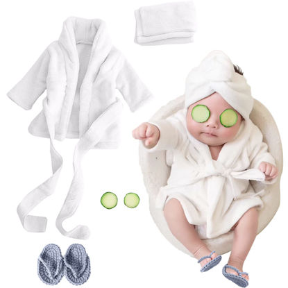 Picture of SPOKKI Newborn Photography Props Baby Girl 5 PCS Bathrobes Bath Towel Outfit with Slippers Cucumber Photo Props for Infant Boys Girls(0-6 Months) (White)