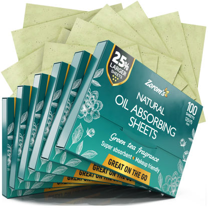 Picture of Natural Green Tea Blotting Paper for Oily Skin - 25% Larger Sheets (4.7x3”) - 600 Oil Blotting Sheets for Face - Makeup Friendly - Easy Dispensing