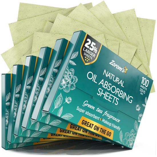 Picture of Natural Green Tea Blotting Paper for Oily Skin - 25% Larger Sheets (4.7x3”) - 600 Oil Blotting Sheets for Face - Makeup Friendly - Easy Dispensing